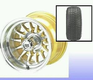 Golf cart 10&#034; machined/gold medusa wheels/rims and 205/50-10 dot low pro tires