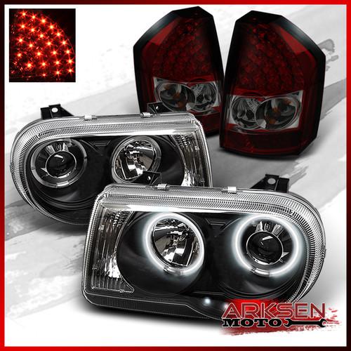 08-10 300c ccfl black halo led projector headlights+red smoked led tail lights