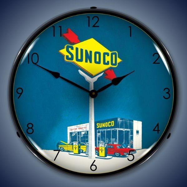 Sunoco service station lighted 14" wall clock sign art 24a vintagecar hot rod 
