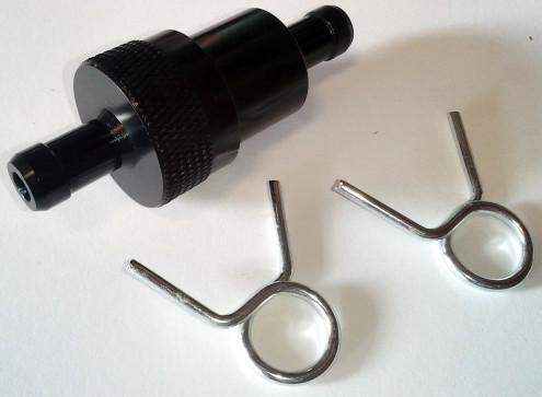 Black anodized in-line aluminum 3/8" fuel filter w/ washable element rat rod 