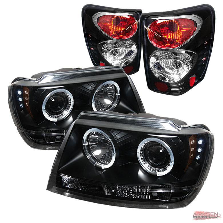 99-04 jeep grand cherokee twin halo led black projector headlights+tail lights
