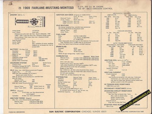 1969 ford fairlane-mustang-montego 250 ci / 155 hp car sun electronic spec sheet