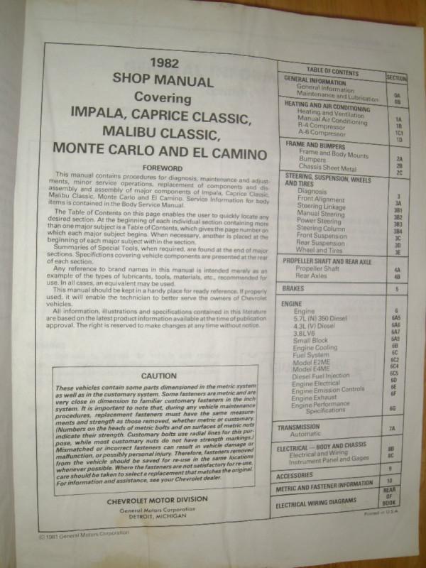 1982 GMC CABALLERO / EL CAMINO / MALIBU / SHOP MANUAL / ORIGINAL GM SERVICE BOOK, US $32.50, image 5