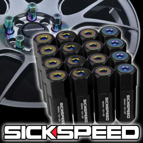 16 black/neo chrome capped aluminum 60mm extended tuner lug nuts rims 1/2x20 l30