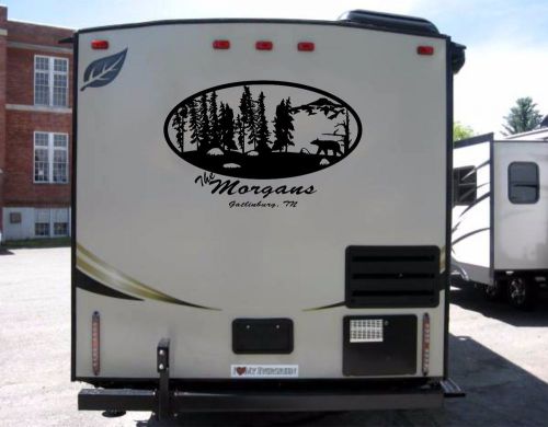 Bear &amp; mountains scene decal  for rv travel trailer camper with family name