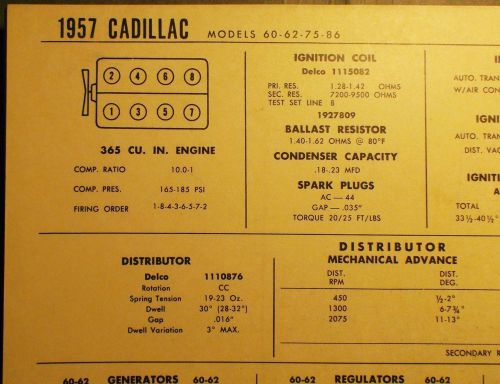 1957 cadillac eight series 60, 62, 75 &amp; 86 models 365 ci v8 tune up chart