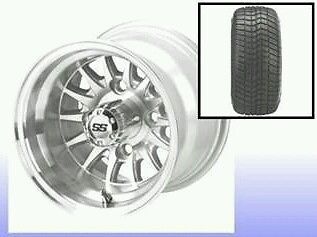 Golf cart 10&#034; machined/silver medusa wheels/rims and 205/50-10 dot low pro tires