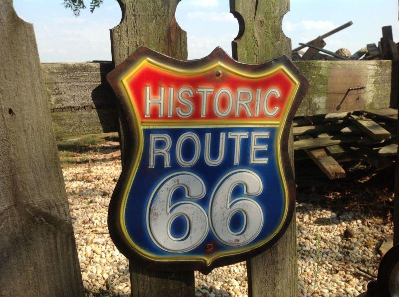 Historic route 66 metal 13x11" sign has a weathered neon look to it! gas & oil