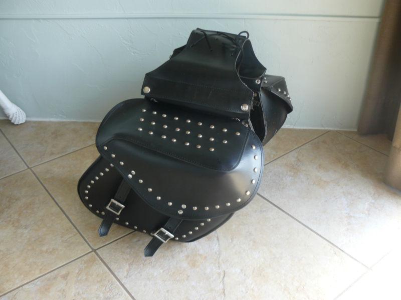 Great condition black leather studded motorcycle saddle /touring bags 13"x13"x7"