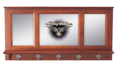 Ghh pub mirror mahogany finish 5 coat hooks display shelf harley davidson logo