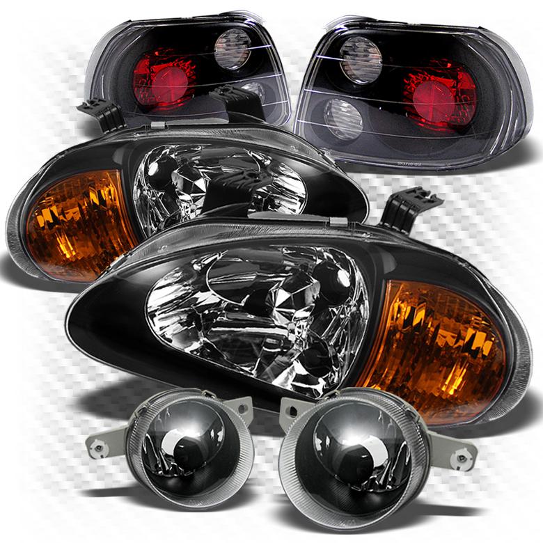 93-95 del sol black 1pc headlights + altezza style tail lights + fog lights set