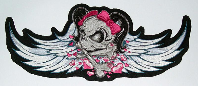  ladies winged skull  hearts  motorcycle large vest patch