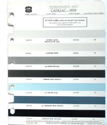 1959 cadillac acme  color paint chip chart all models original 