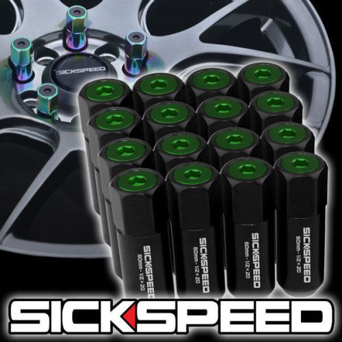16 black/green capped aluminum 60mm extended tuner lug nuts for wheel 1/2x20 l30
