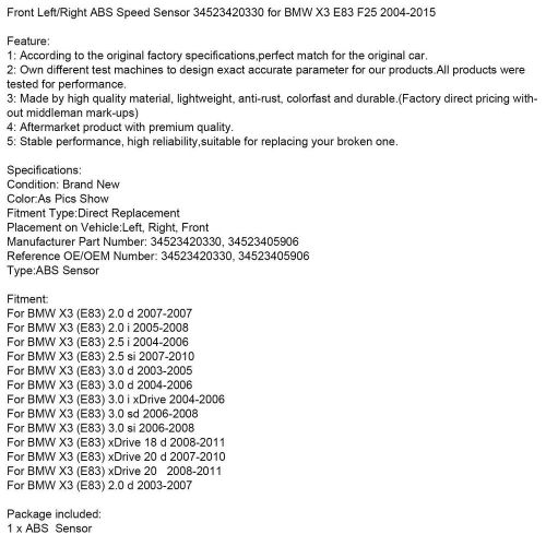 Front Left/Right ABS Speed Sensor 34523420330 for BMW X3 E83 F25 2004-2015 TG, US $16.87, image 3