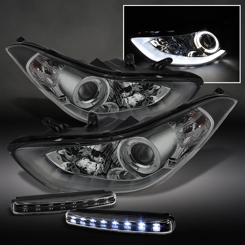Fit 11-13 elantra led tube halo smoke projector headlights w/corner+daytime lamp