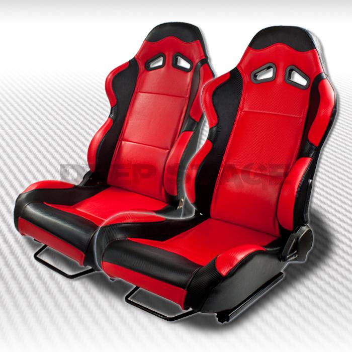 Red and black polyvinyl full reclinable type-4 style racing seats pair+sliders