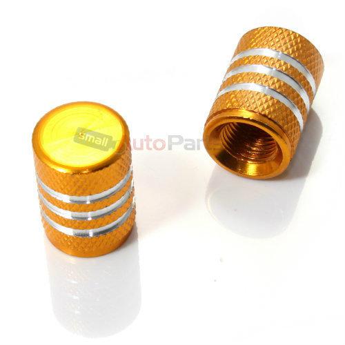 2) motorcycle bike yellow gold aluminum tire valve stem caps with chrome stripes