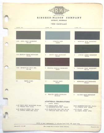  1950 cadillac r-m color paint chip chart all models original