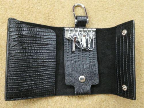 Black leather key chain case holder bag ring & button 