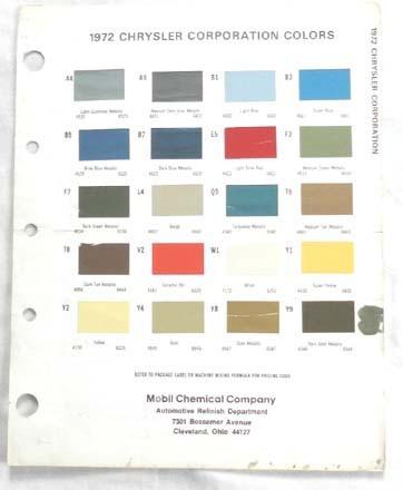 1972 chrysler dodge plymouth mopar mobil  color paint chip chart all models 