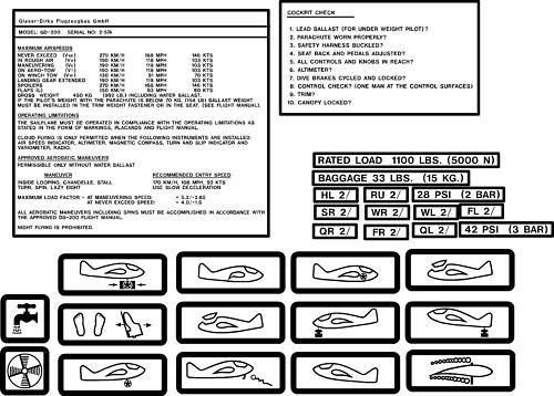 Glaser-dirks dg-200 sailplane placard kit free shipping