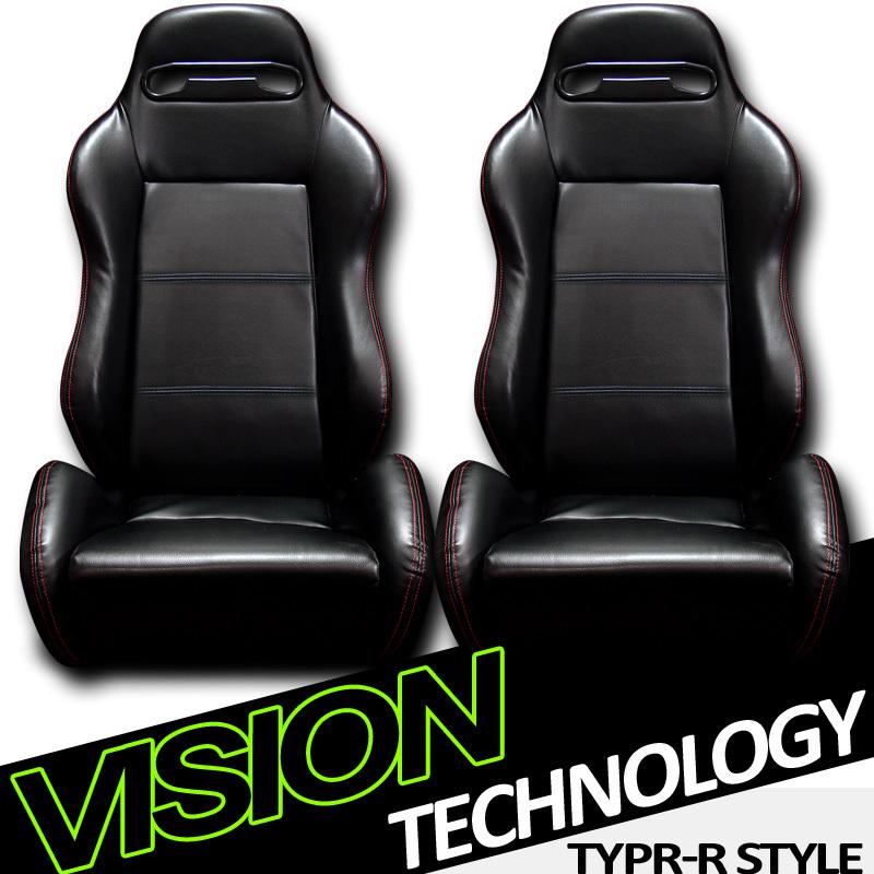 2pc t-r type pvc leather jdm blk & red stitch racing bucket seats+sliders chevy