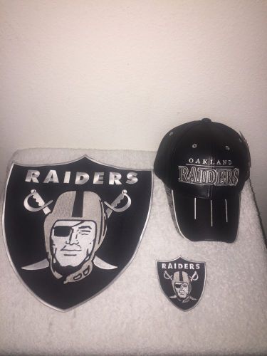 Oakland raiders leather baseball cap &amp; patches 11-1/8x12 &amp; 3-1/4x3-1/2 nfl
