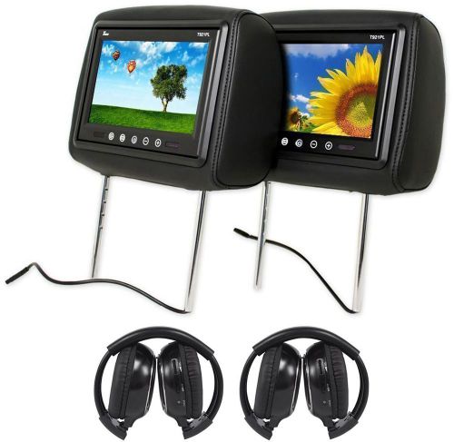 Pair of tview t921pl 9&#034; black headrest car video monitors + 2 wireless headsets