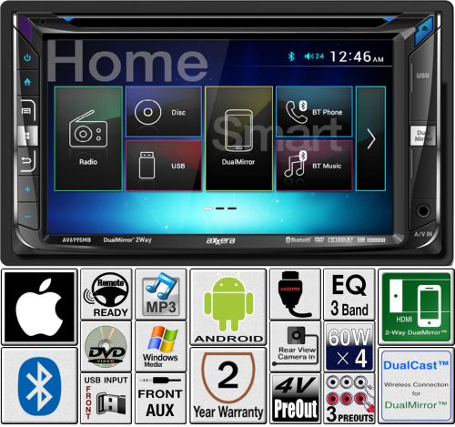Axxera 6.2&#034; double din dvd bluetooth dualmirror radio mp3 4 volt rca 2 year warr