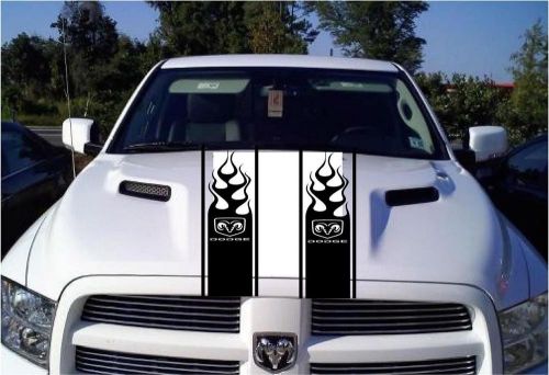 Pair of flames and dodge ram truck 11&#034; hood stripes vinyl decal-choice of colors