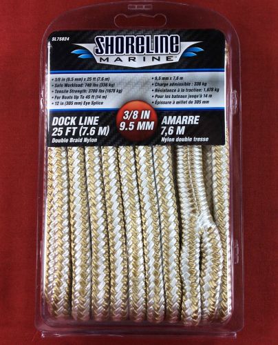 Dock line double braided nylon 3/8&#034; x 25&#039; gold &amp; white rope shoreline sl75824