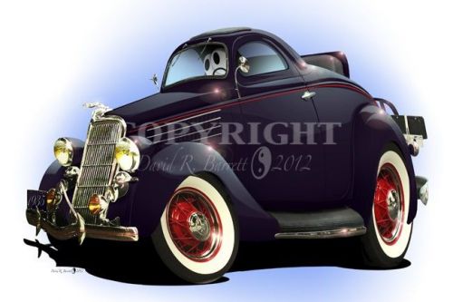 1935 ford 3 window coupe automotive cartoon car carticature art print direct