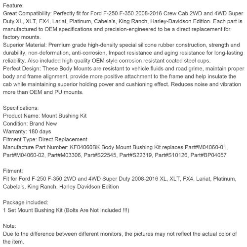 Silicone Body Mount Bushing Kit fit Ford F250 F350 08~2016 Super Duty Crew Cab, US $391.61, image 7