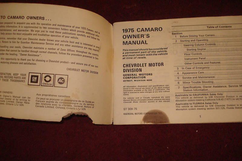 Buy 1975 CHEVROLET CAMARO OWNER'S MANUAL / GOOD ORIGINAL!! in Benton