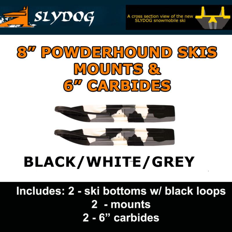 Arctic cat (ex aws i & ii) slydog powder hound 8" bk/wt/gr skis, mnts, 6" carbs