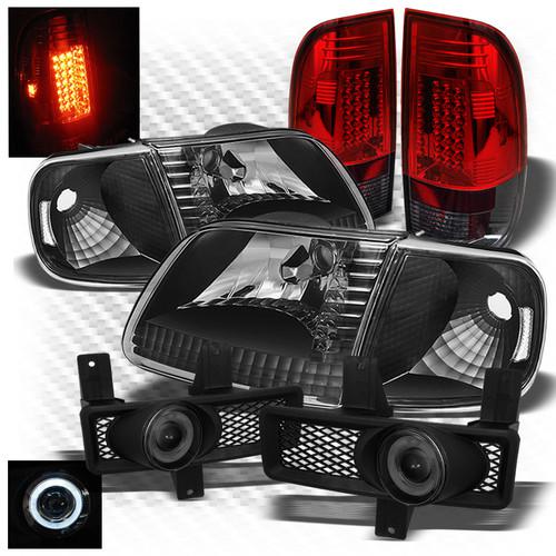 97-98 f150, f250ld black headlights + r/s led tail lights + projector fog lights