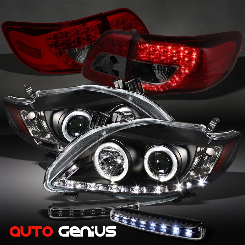 09-10 corolla blk drl projector headlights + red smoke led tail lights + drl led