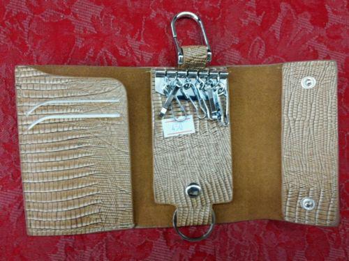 Tan (lt. brown) leather key chain case holder bag ring & button 