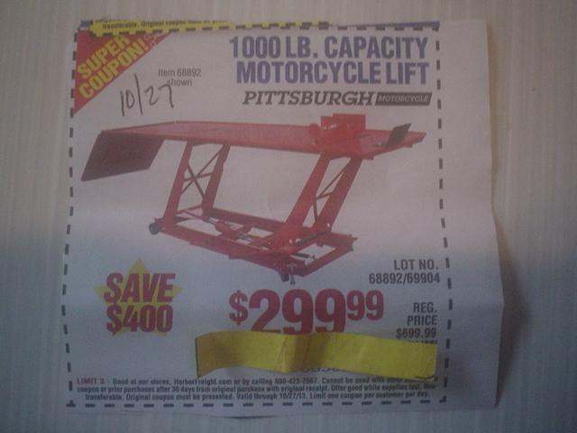 Harbor freight coupon for 1k atv / motorcycle lift, save $400!  exp. 10/27/13 c
