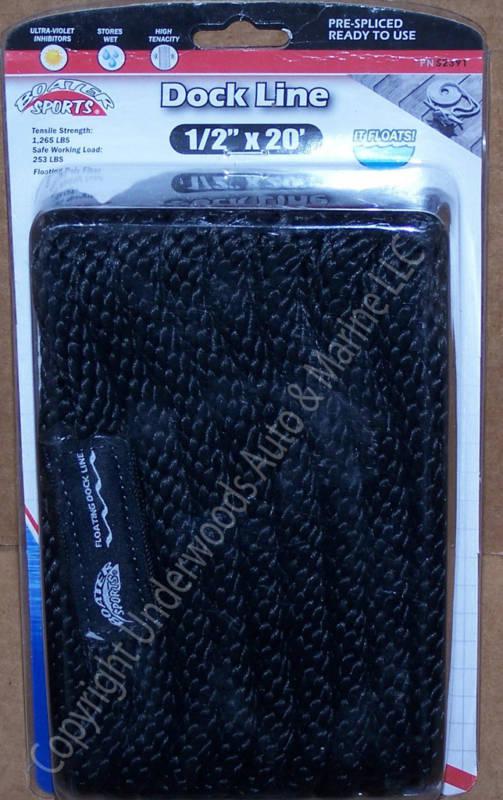 Floating dock line black 1/2"x20' rope boat 12" loop