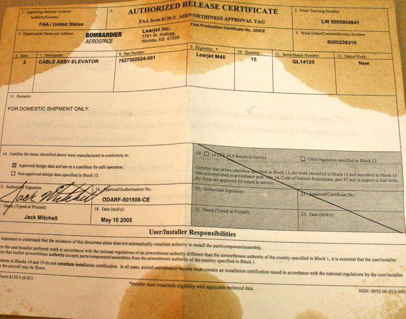 Lear Jet Control Elevator Cable with 8130, US $49.99, image 3