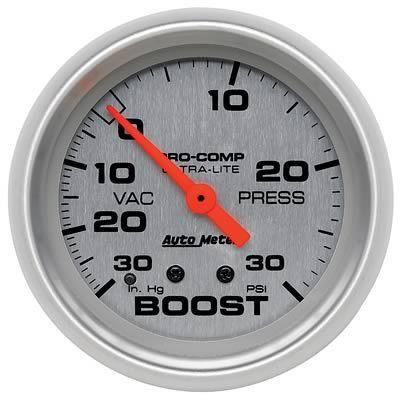 Autometer ultra-lite mechanical boost/vacuum gauge 2 5/8" dia silver face 4403