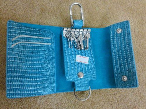Lt. blue leather key chain case holder bag ring & button
