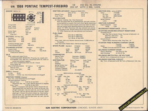 1968 pontiac tempest/firebird v8 350ci/265 hp car sun electronic spec sheet