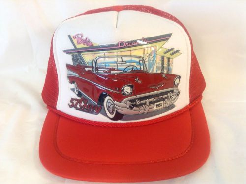 57 chevy bob&#039;s drive in red/white hat/cap autographix by kandi tops