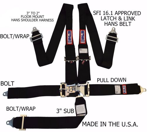 Rjs sfi 16.1 5 point hans latch &amp; link floor mount bolt in  belt black 1145401