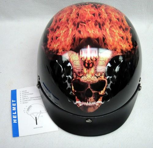 New outlaw gloss black with flaming horned skull half helmet sz large xu211 dot