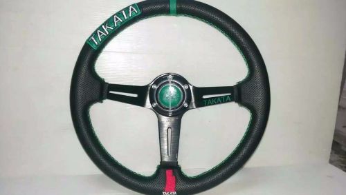 Steering wheel 3 spoke racing style leather green stitching with horn button 14&#034;