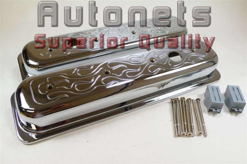 Chevy sb chrome aluminum valve cover flame 305 350 center bolt short 5.0 5.7